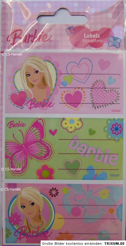 Geliefert werden 3 Sticker Bögen, a uf jedem Bogen sind je 3 BARBIE