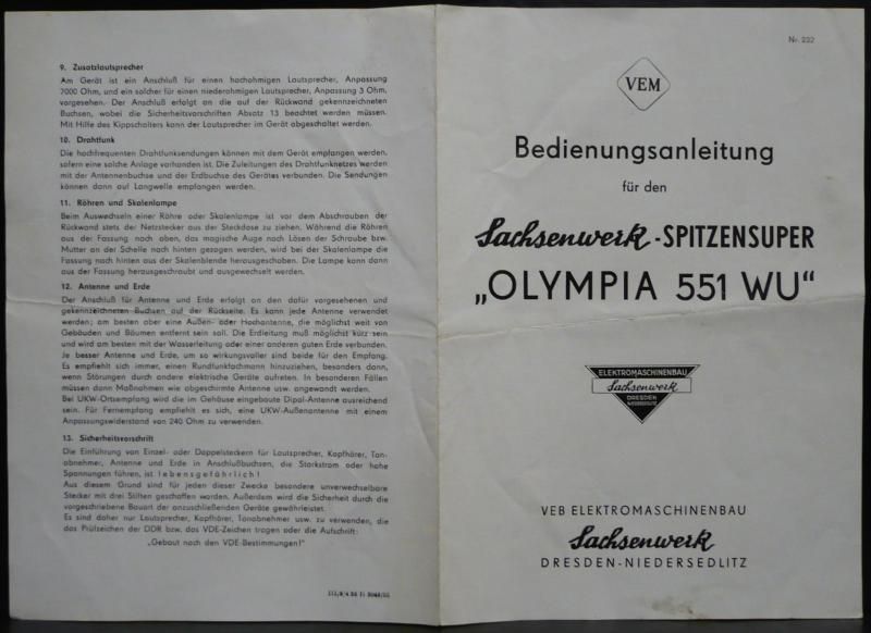 Bedienungsanleitg.Olympia 551 WU,Niedersedlitz,Dresden