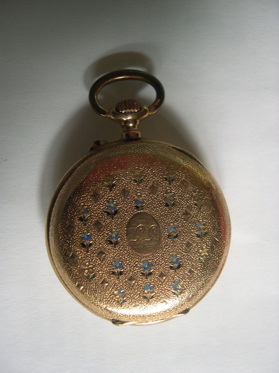  Taschenuhr um 1900 Gehaeuse 14 Kt Gold 585 mit emailierten Veilchen