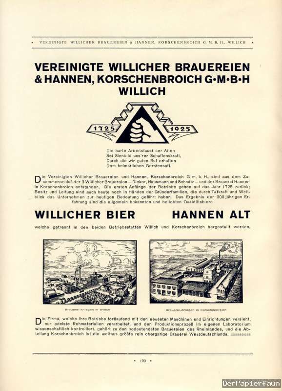 Brauerei Willich Korschenbroich Bier Hannen Alt 1927