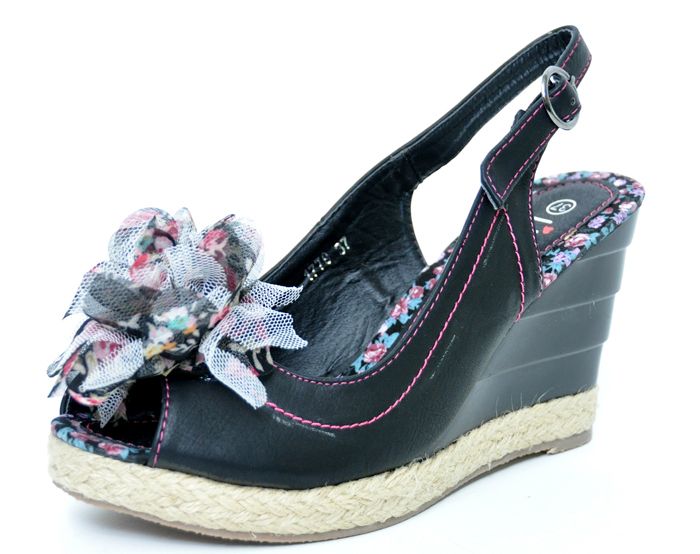 FLOWER Roses TIKI Bast WEDGES Keilabsatz Rockabilly Emo