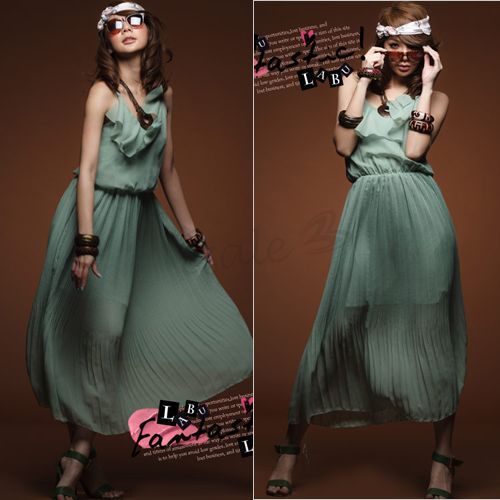 Gefaltet Sommerkleid schulterfrei Chiffon Rueschen Party lang Kleid