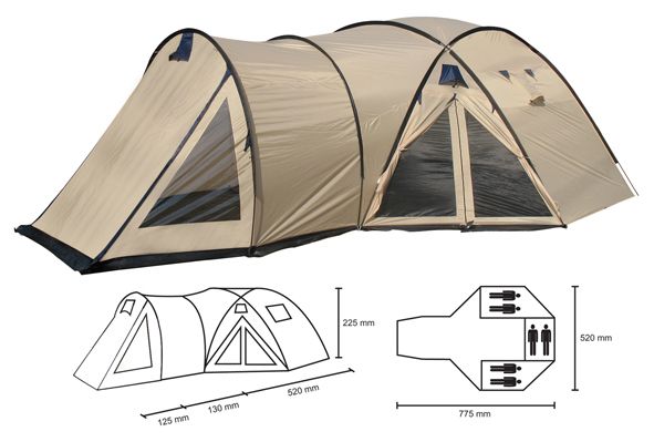 Zelt f. 6 Personen Familienzelt 775x520x225 cm 3 Schlafkabinen 2000WS