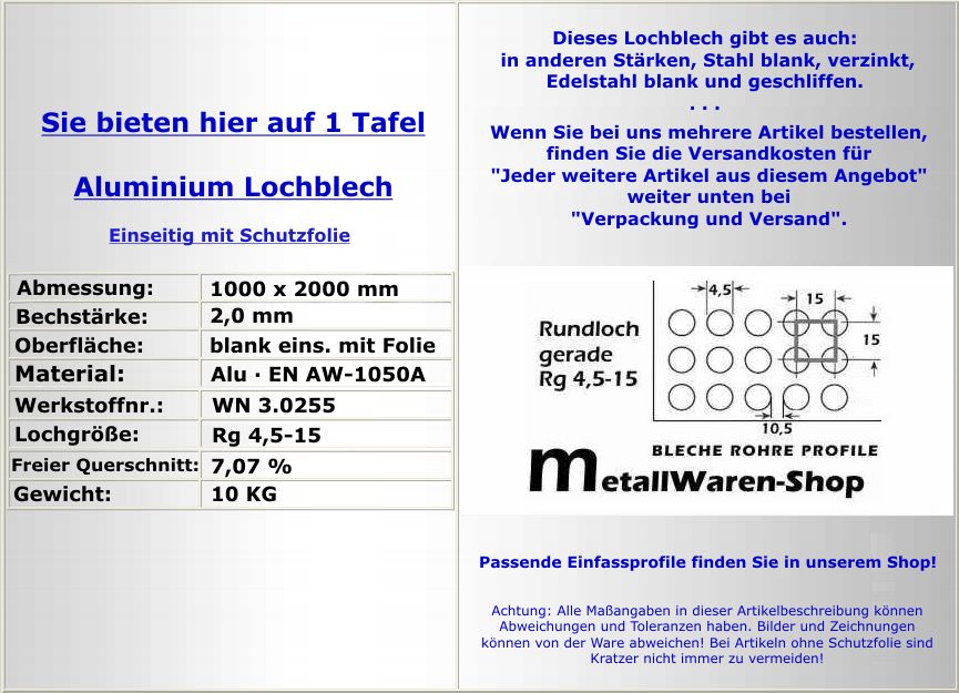 Lochblech Rg 4,5 15 Aluminium 1000 x 2000 x 2,0 mm /763