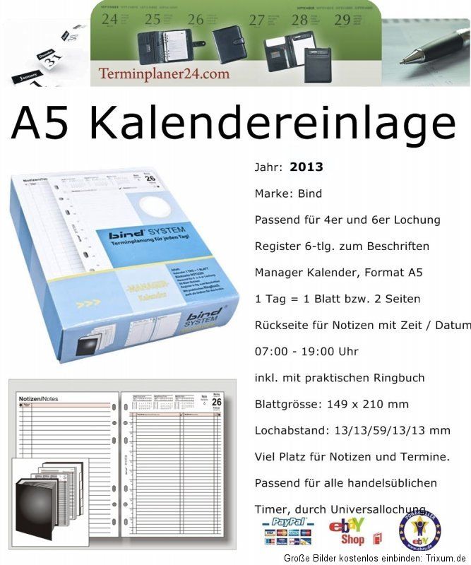 A5 BIND SYSTEM Kalender Einlage 2013   Kalendarium 1Woche/2Seiten