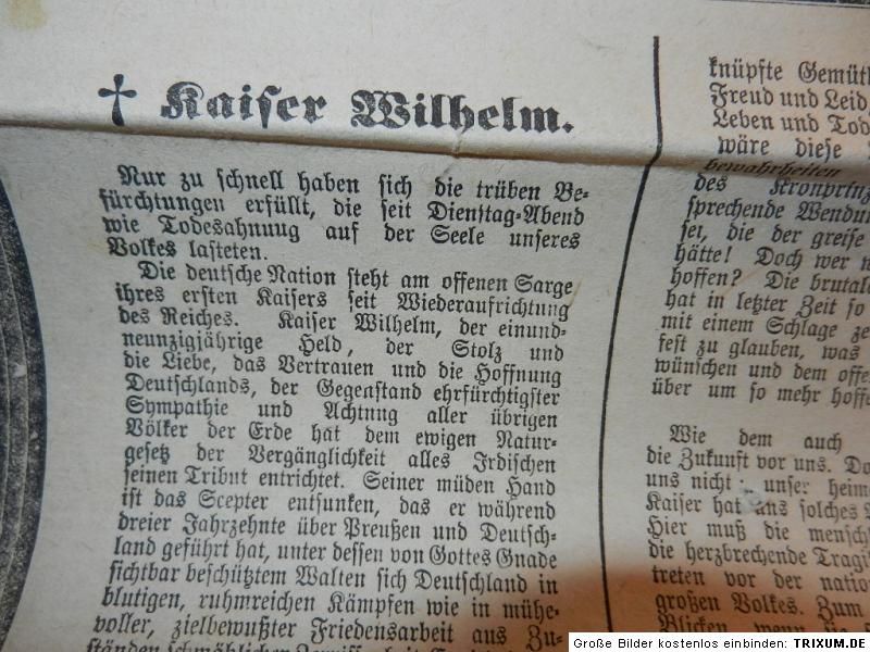 TOD KAISER WILHELM 3 KAISERJAHR 9.03.1888 HAMBURGER NACHRICHTEN