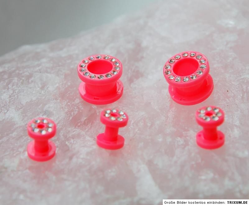 Tunnel 4 mm neon rosa mit Strass Plug Expander Flesh + Gewinde