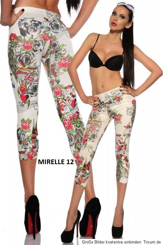 Damen Capri Tattoo Muster Leggings Sommer Trend 2012