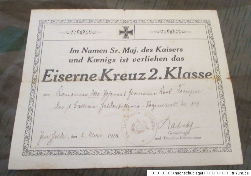 Verleihungsurkunde Schmuckurkunde Eisernes Kreuz II.Klasse 1914   WK1