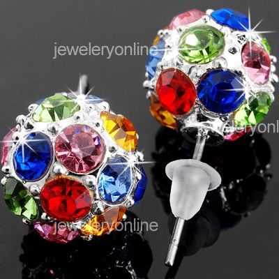 Paar 1cm Kugel Versilbert Ohrschmuck Stecker Bunt Straß TOP