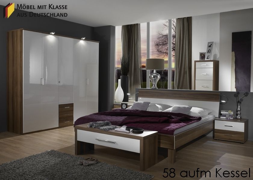 Schlafzimmer Möbel komplett Havanna Nussbaum Weiß Hochglanz 3366