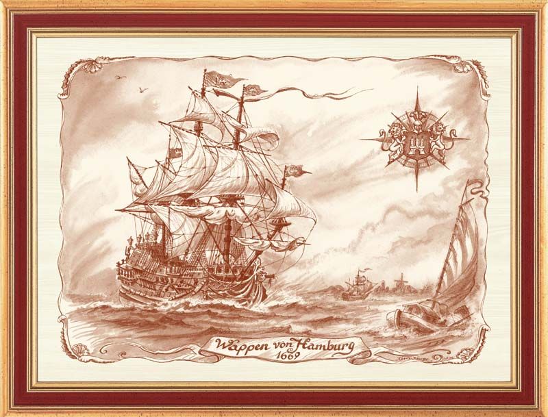 Holzbild Wappen von Hamburg Schiff Galeone Nostalgieschild Shabby