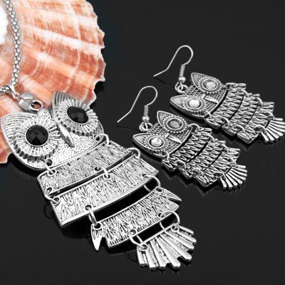 Tibet Silber Schmuckset Strass Eule Kette Ohrhänger Collier Hänger